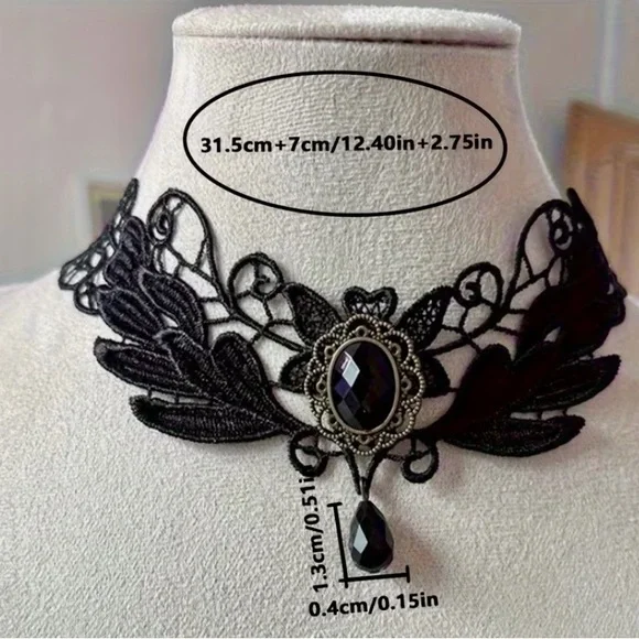 Black Gothic Lace Choker Victorian Dark Academia Necklace Goth - Picture 4 of 10